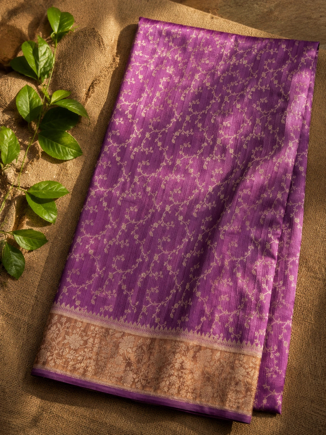 Magenta Matka Khaddi Banarasi Saree with Floral Zari Border