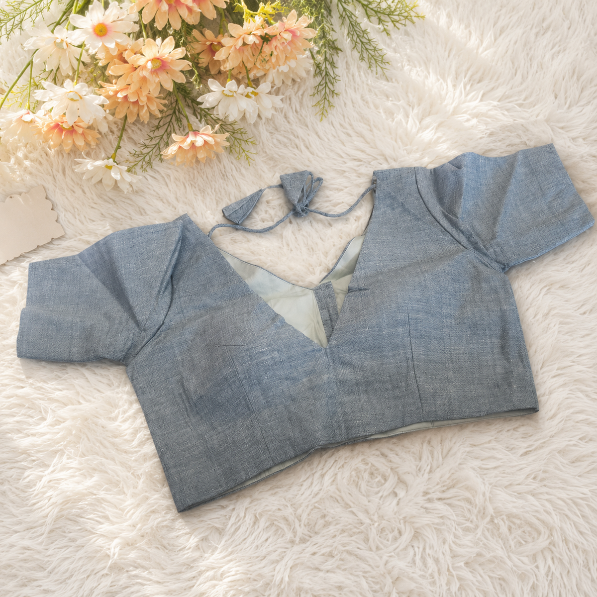 Steel Blue Cotton V-Neck Elbow Sleeve Ready-Made Blouse