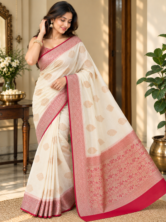 Cream Semi Khaddi Banarasi Saree with Red Floral Zari Border and Buta Motifs