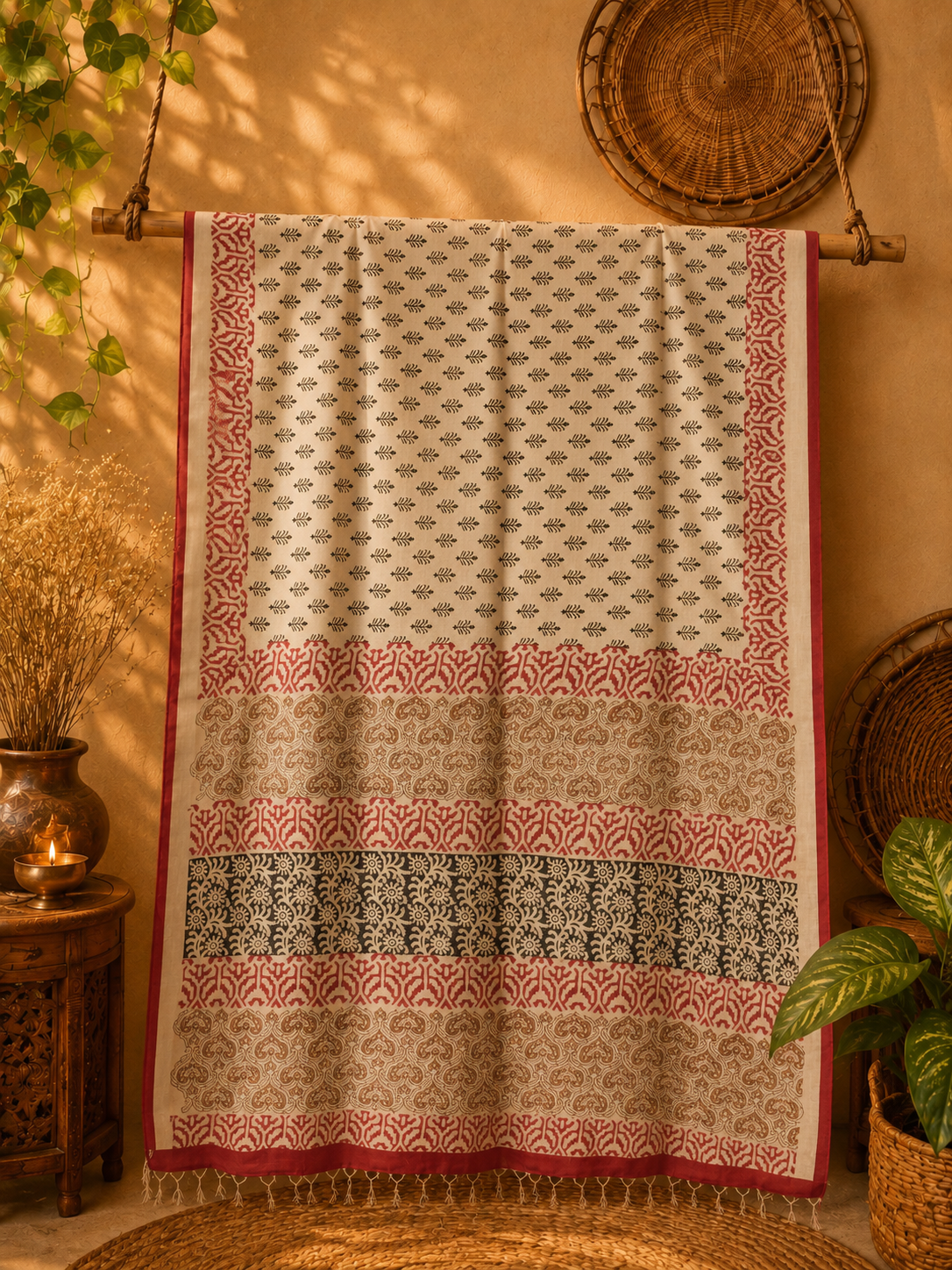 Off White Linen Kalamkari Saree with Red Border and Black Leaf Motifs