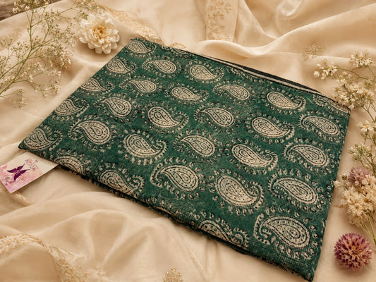 Teal Green Kota Dori Paisley Hand Block Print Saree