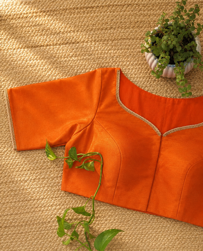 Orange Raw Silk Ari Work Blouse – Designer Embroidered Blouse for Wome