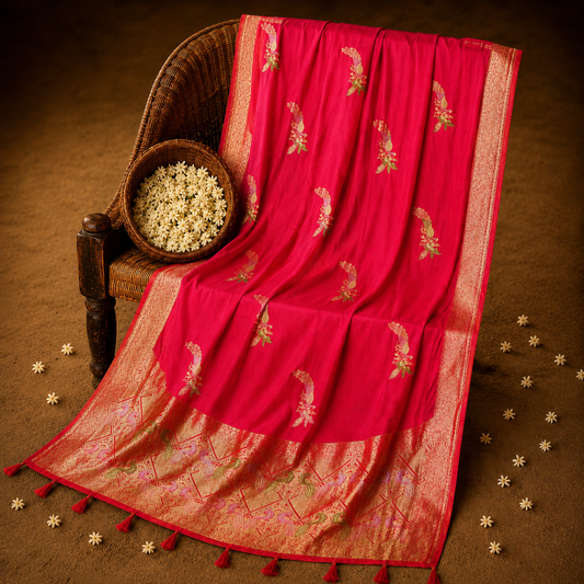 Pure Masru Silk Red Saree with Gold Zari Floral Buta & Ornate Heritage Border