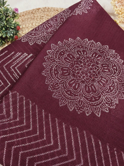Kota Dori Hand Block Print Saree in Plum Wine with Woven Border