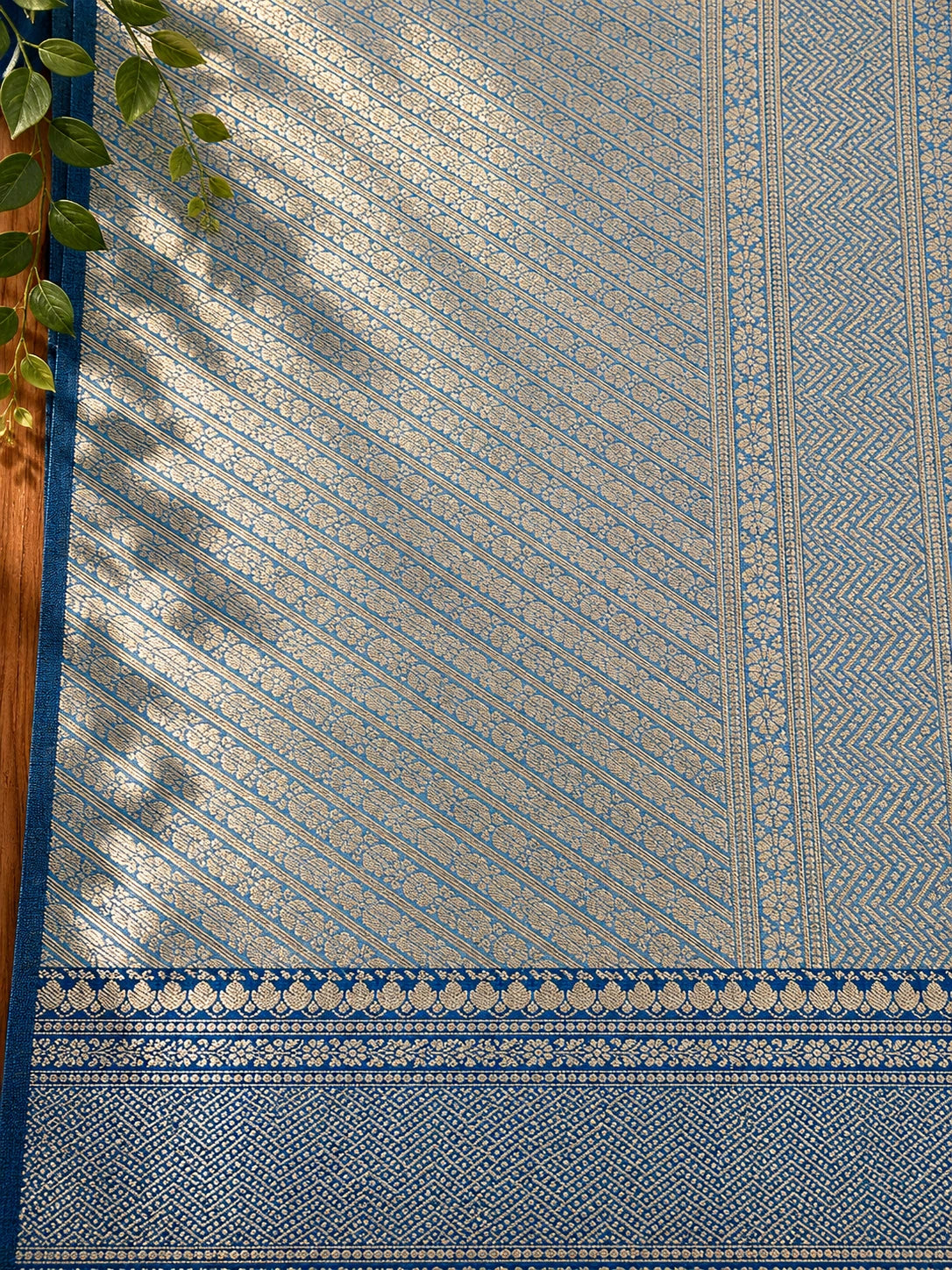 Steel Blue Matka Khaddi Banarasi Saree with Antique Zari Floral Weaving