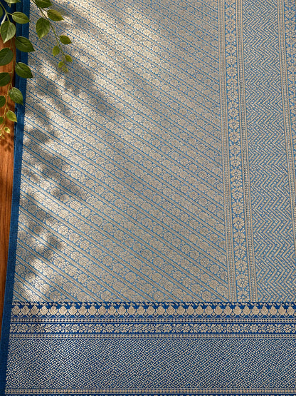 Steel Blue Matka Khaddi Banarasi Saree with Antique Zari Floral Weaving