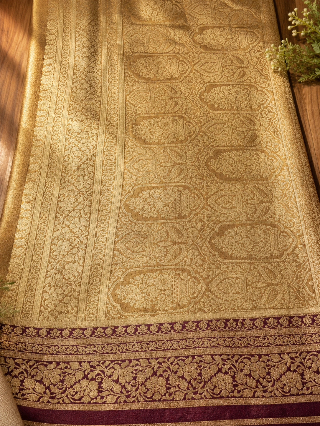 Golden Mustard Matka Khaddi Banarasi Saree with Floral Zari Border
