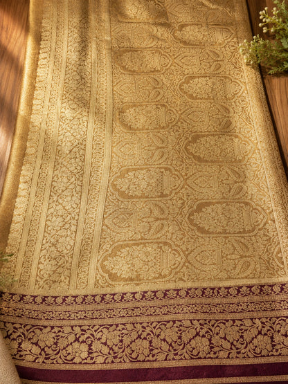 Golden Mustard Matka Khaddi Banarasi Saree with Floral Zari Border