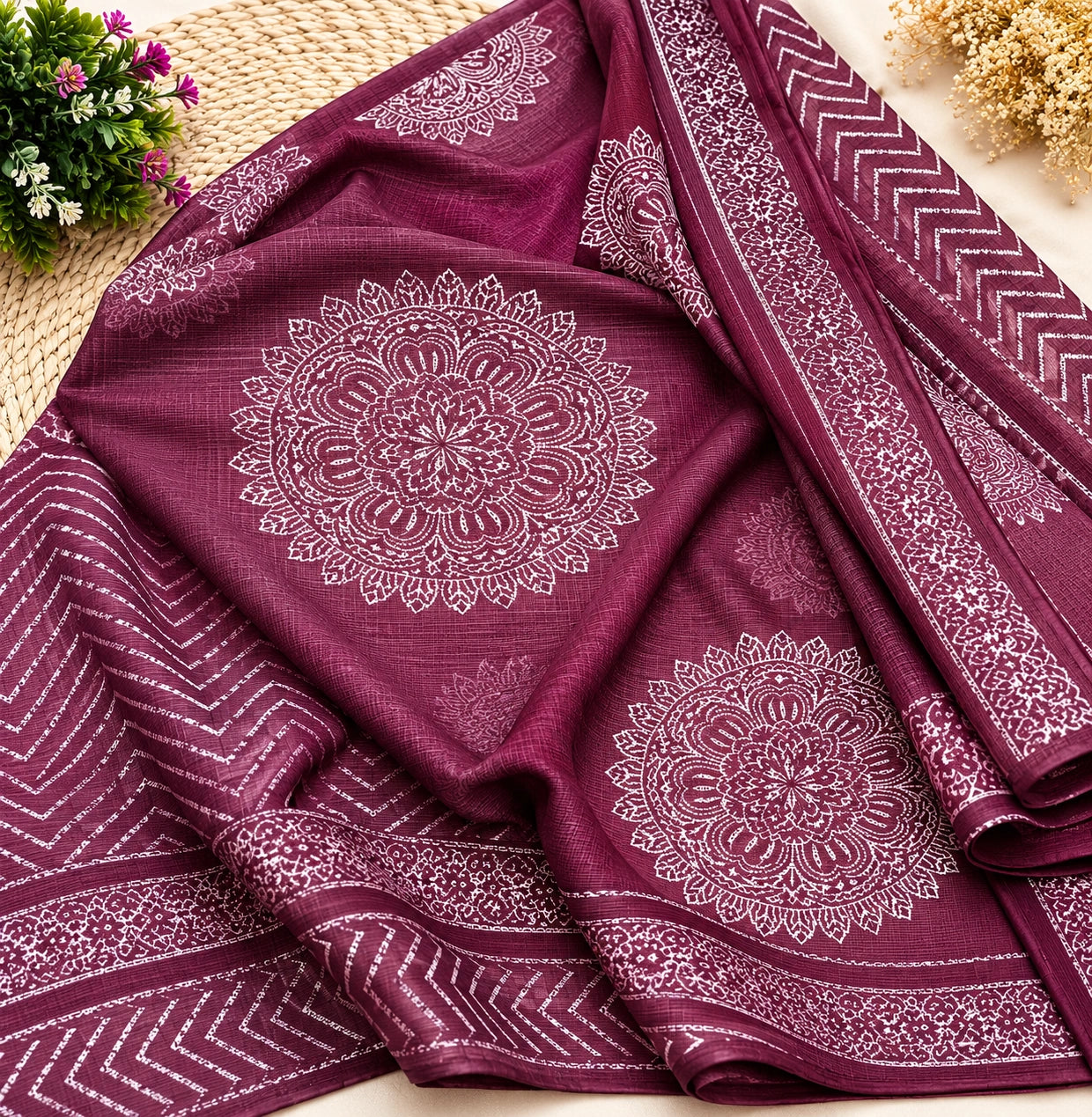 Kota Dori Hand Block Print Saree in Plum Wine with Woven Border