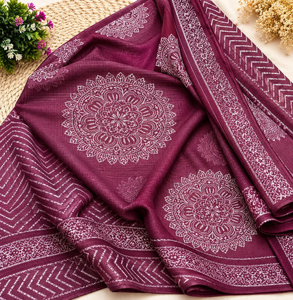 Kota Dori Hand Block Print Saree in Plum Wine with Woven Border