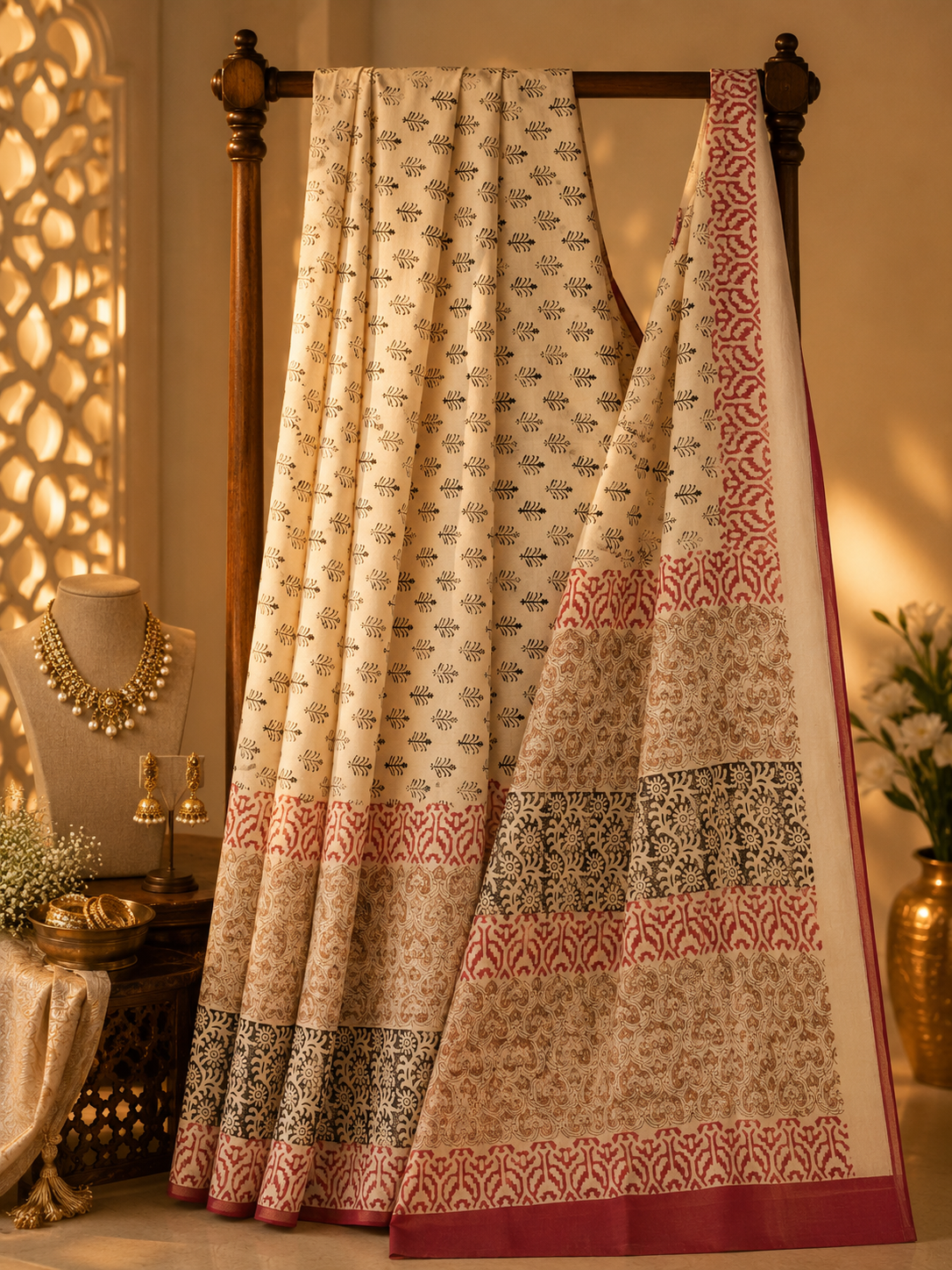 Off White Linen Kalamkari Saree with Red Border and Black Leaf Motifs