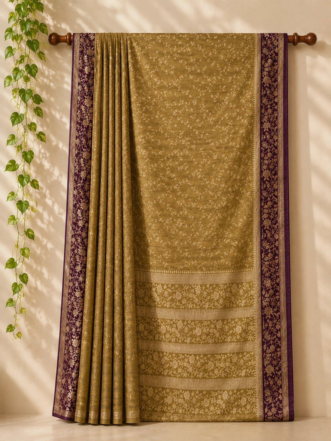 Olive Gold Matka Khaddi Banarasi Saree with Floral Woven Border