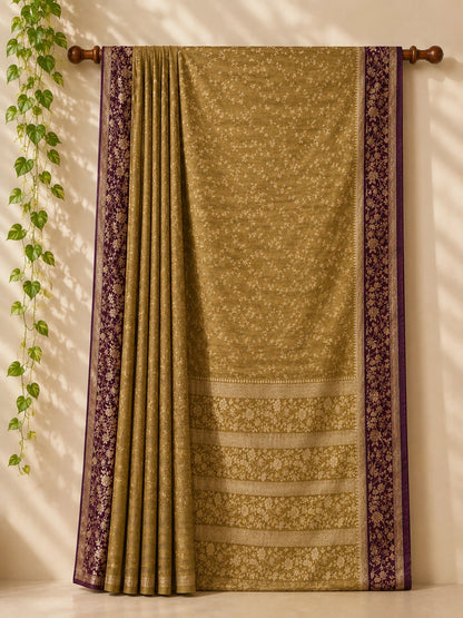Olive Gold Matka Khaddi Banarasi Saree with Floral Woven Border