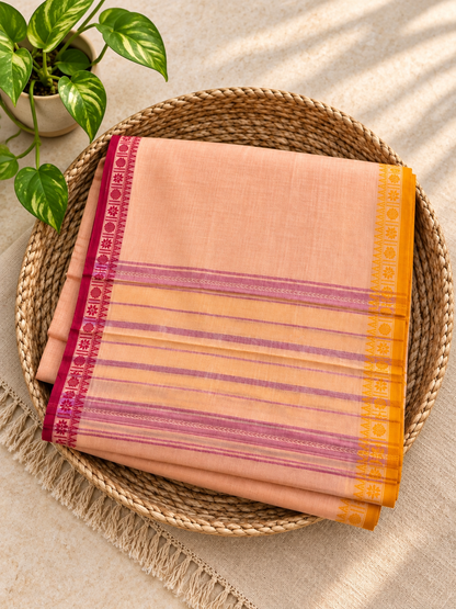 Peach Pure Cotton Dhonekhali Saree with Red & yellow Woven Border