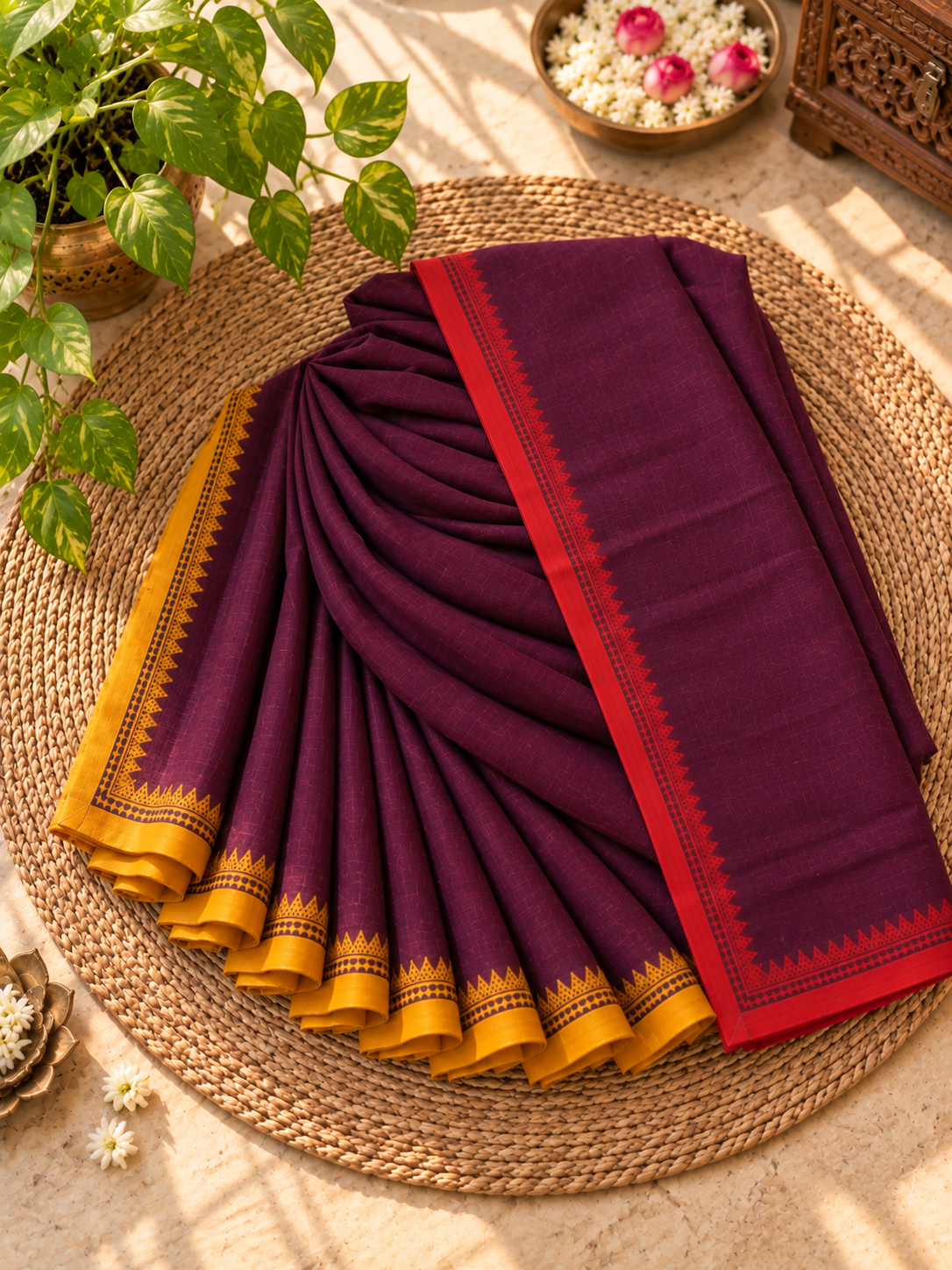 Wine Purple Pure Cotton Dhonekhali Saree with Red & Mustard Woven Border
