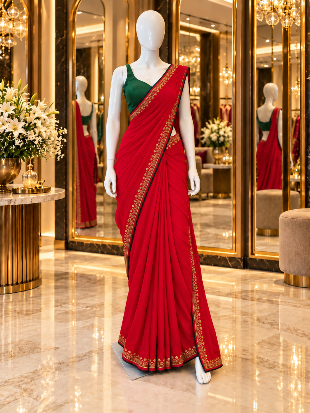 Red Vichitra Silk AD Stone Work Saree with Golden Floral Border