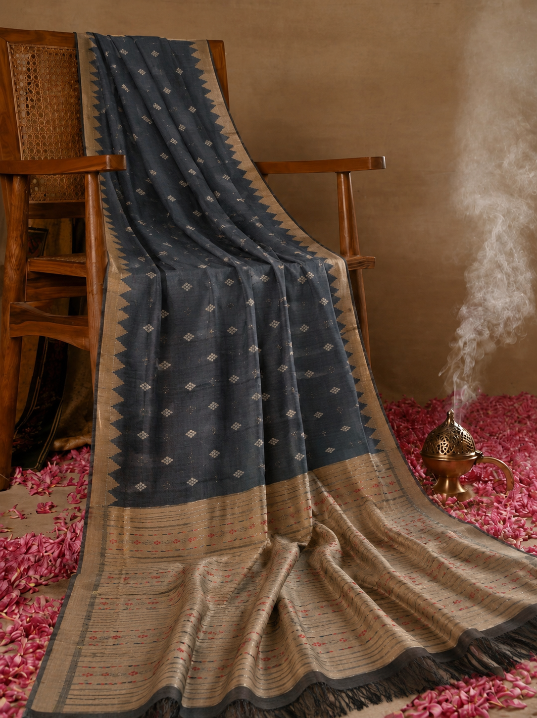 Charcoal Blue Tussar Silk Buta Work Saree with Beige Woven Border