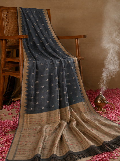 Charcoal Blue Tussar Silk Buta Work Saree with Beige Woven Border