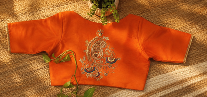 Orange Raw Silk Ari Work Blouse – Designer Embroidered Blouse for Wome