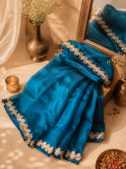 Royal Teal Blue Fandy Crush Saree with Gold Leaf Scallop Border