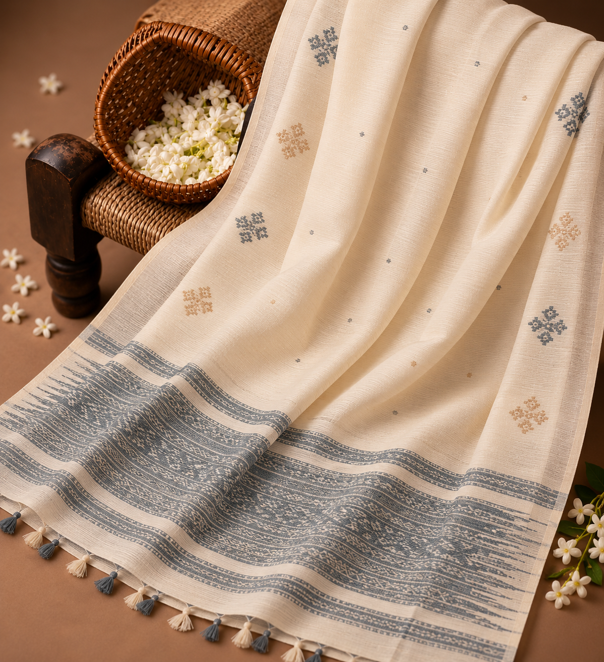 Off White Handloom Jamdani Saree with Blue Woven Border & Traditional Buti Motifs
