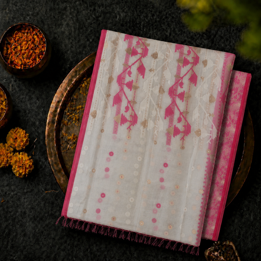 Off White & Pink Muslin Jamdani Saree with Floral Buti and Geometric Woven Border