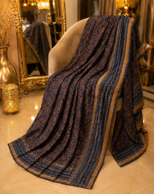 Navy Blue Kota Doria Hand Block Print Saree with Spiral Motif Design & Wavy Border