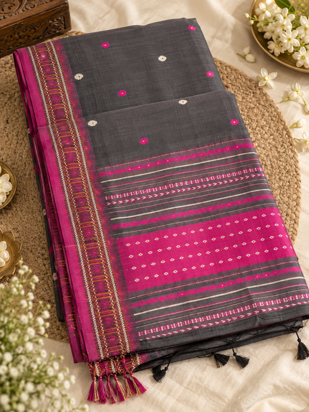 Charcoal Grey & Rani Pink Pure Cotton Woven Saree with Geometric Border
