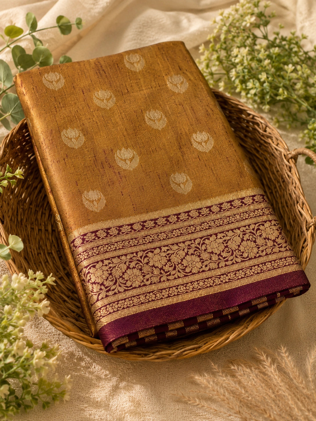 Golden Mustard Matka Khaddi Banarasi Saree with Floral Zari Border
