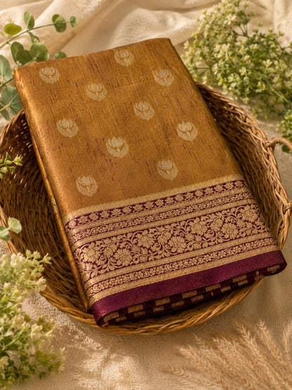 Golden Mustard Matka Khaddi Banarasi Saree with Floral Zari Border
