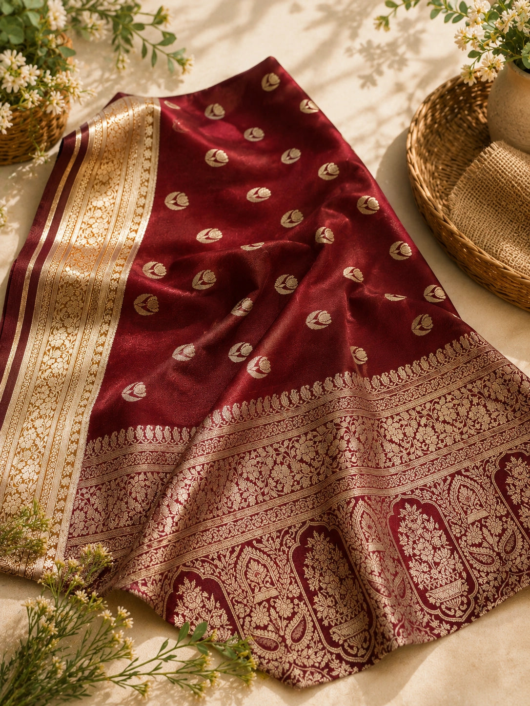 Maroon Matka Khaddi Banarasi Saree with Traditional Zari Weaving