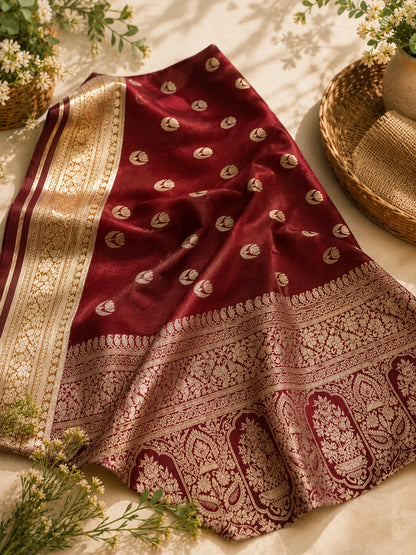 Maroon Matka Khaddi Banarasi Saree with Traditional Zari Weaving
