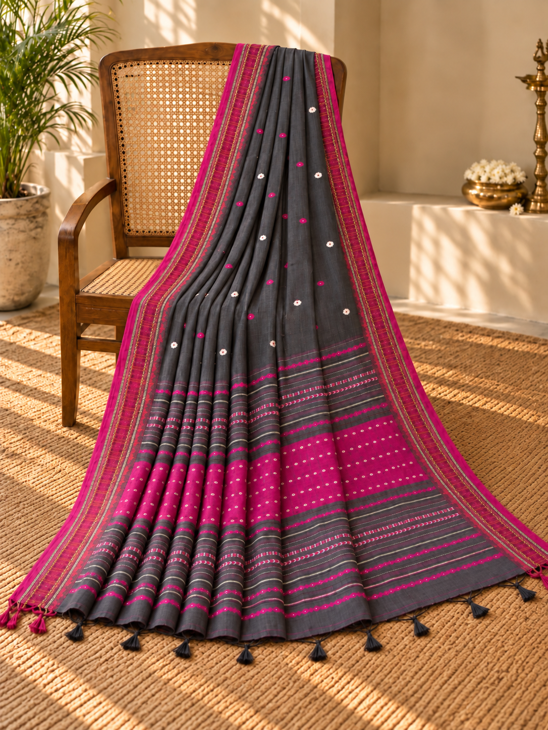 Charcoal Grey & Rani Pink Pure Cotton Woven Saree with Geometric Border