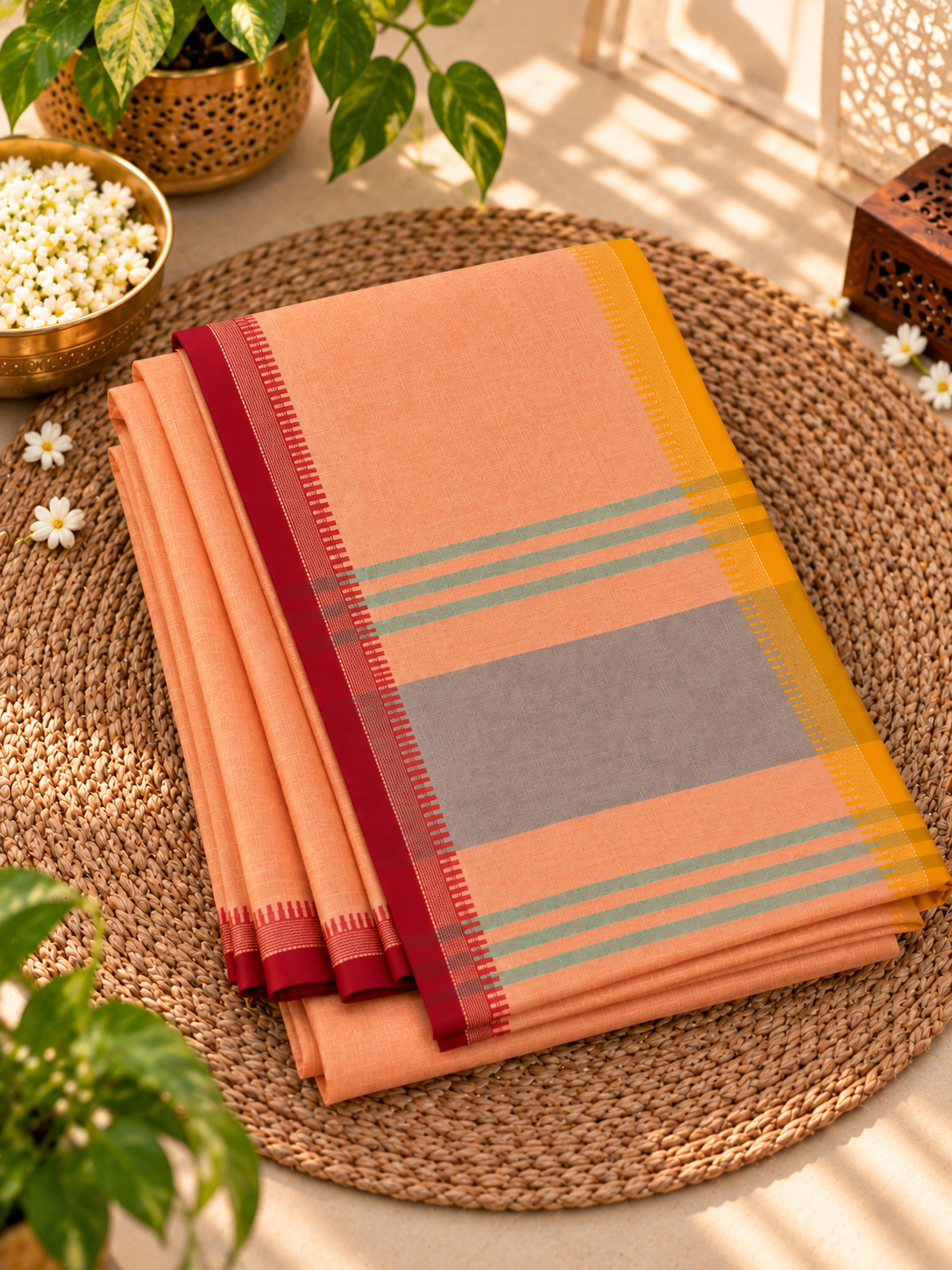 Pure Cotton DhonekhalI Peach Saree with Red Yellow Border and Grey Green Stripes