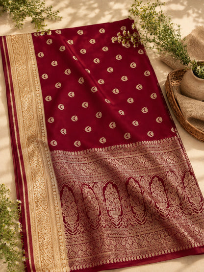 Maroon Matka Khaddi Banarasi Saree with Traditional Zari Weaving