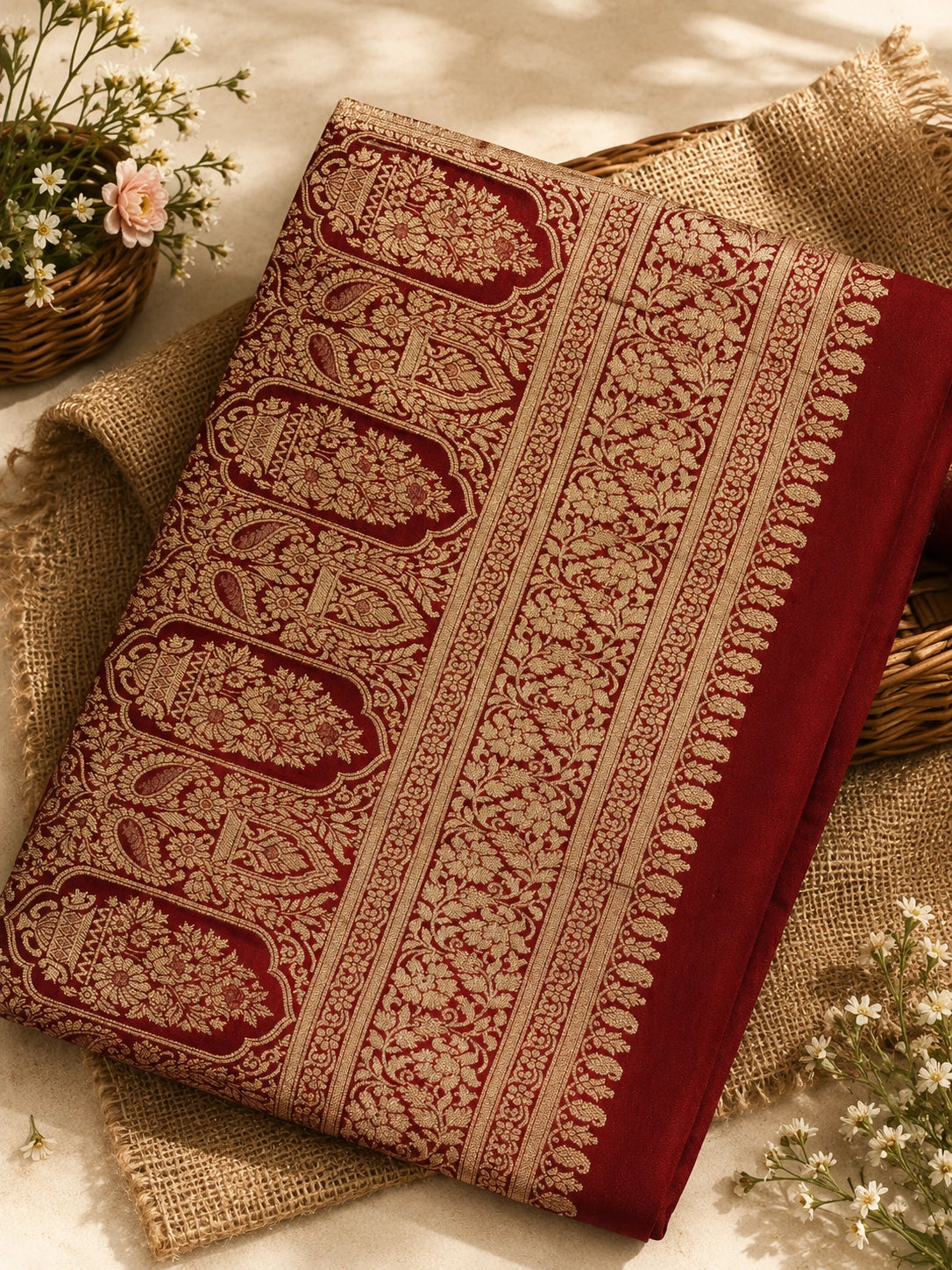 Maroon Matka Khaddi Banarasi Saree with Traditional Zari Weaving