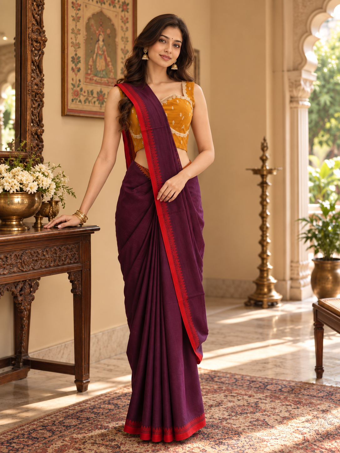 Wine Purple Pure Cotton Dhonekhali Saree with Red & Mustard Woven Border