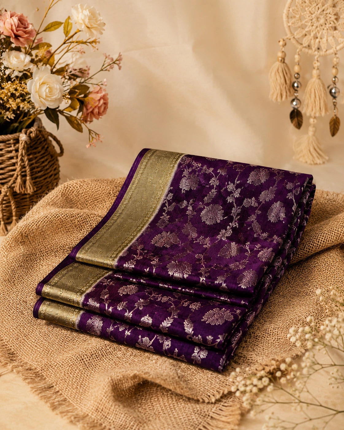 Royal Purple Matka Khaddi Banarasi Saree with Zari Floral Weaving