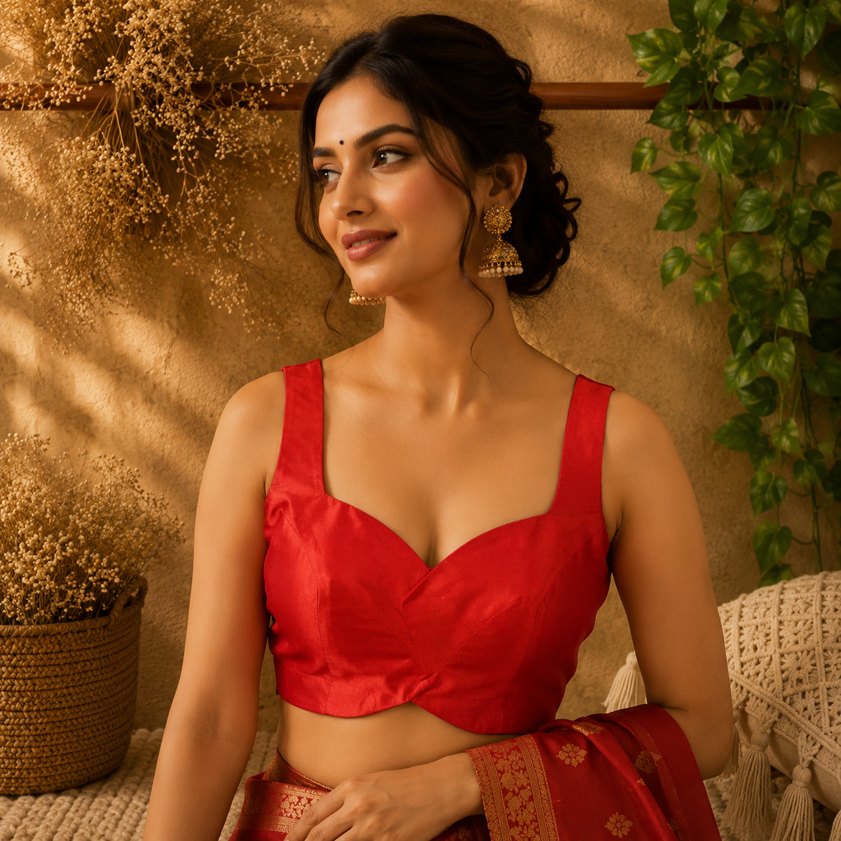 Red Raw Silk Sweetheart Neck Sleeveless Blouse for Women Elegant Ethnic Saree Blouse