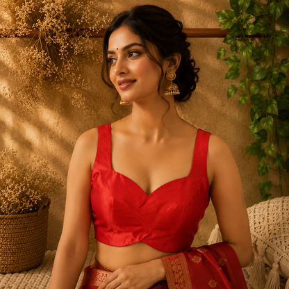 Red Raw Silk Sweetheart Neck Sleeveless Blouse for Women Elegant Ethnic Saree Blouse