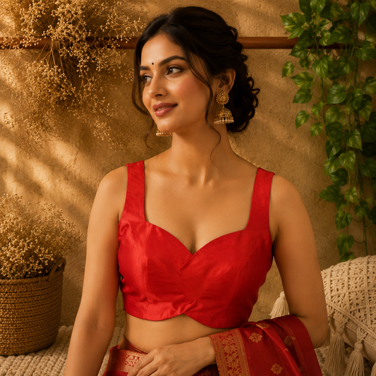 Red Raw Silk Sweetheart Neck Sleeveless Blouse for Women Elegant Ethnic Saree Blouse