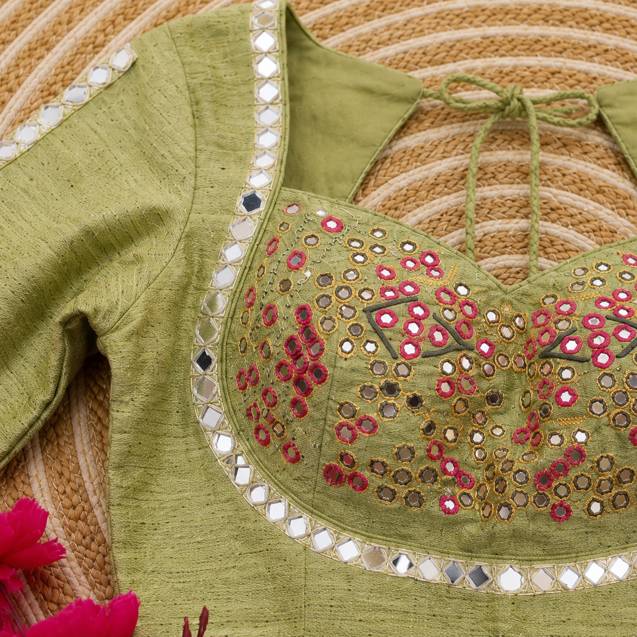 Olive Green Pure Cotton Hand Work Mirror Embroidered Blouse with Glass Work Half Sleeves
