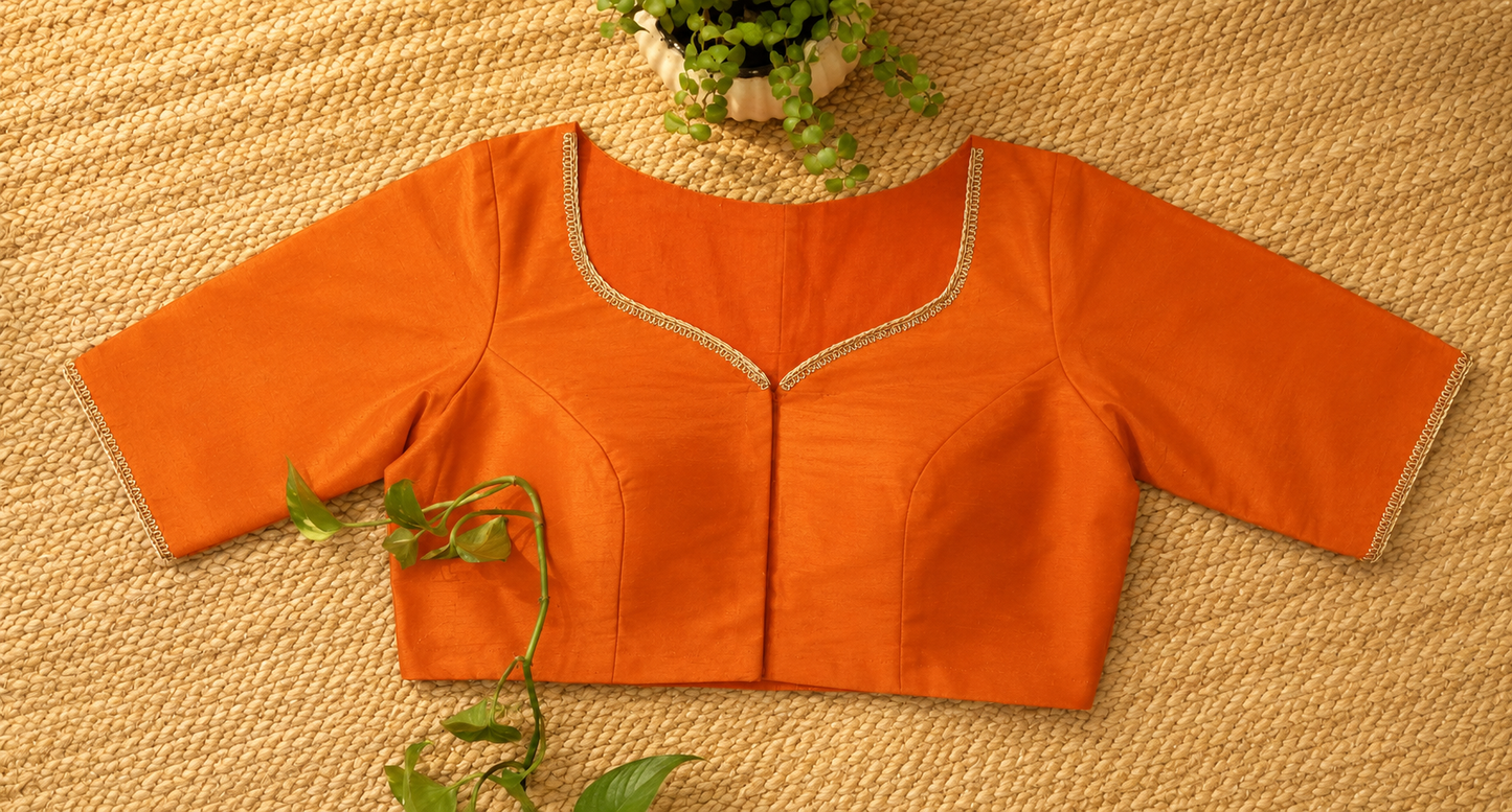 Orange Raw Silk Ari Work Blouse – Designer Embroidered Blouse for Wome