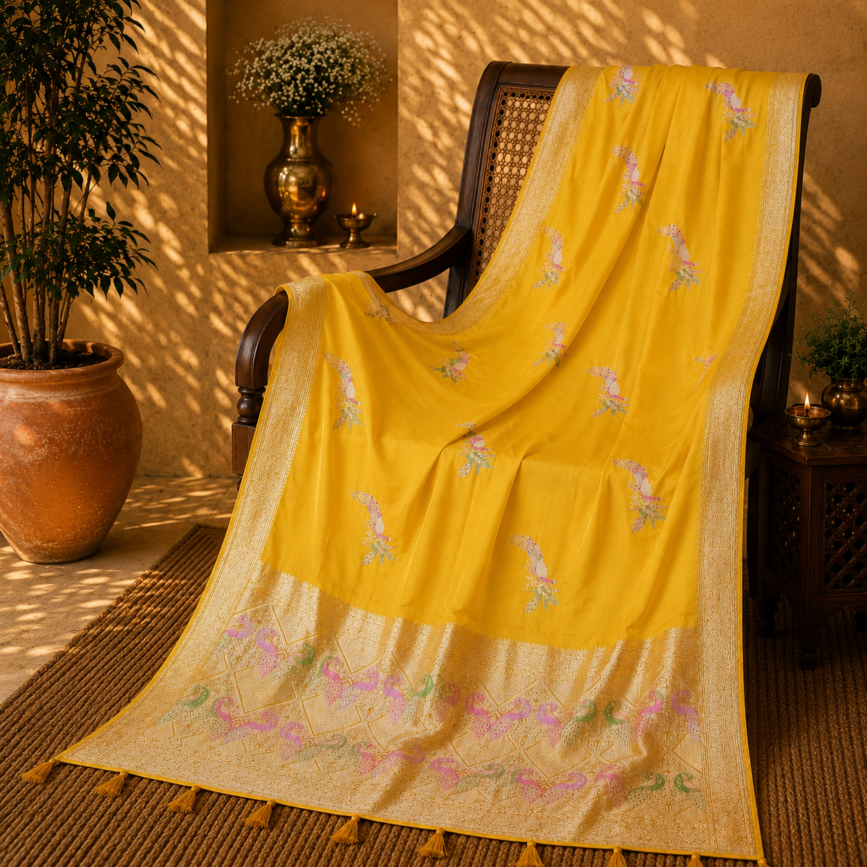 Mustard Yellow Pure Masru Silk Saree with Gold Zari Floral Buta and Ornate Woven Border