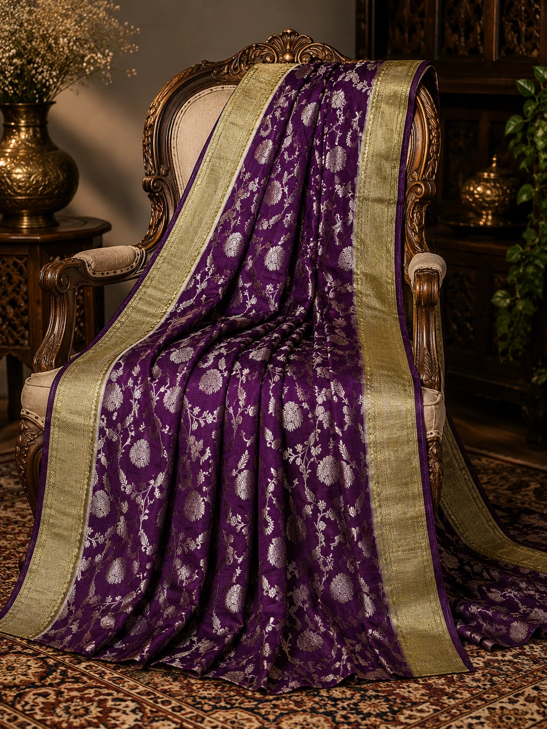 Royal Purple Matka Khaddi Banarasi Saree with Zari Floral Weaving