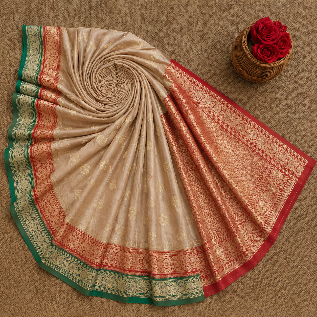 Beige Khaddi Banarasi Crepe Silk Saree with Gold Buti, Red Zari Border & Green Contrast Edge