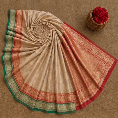 Beige Khaddi Banarasi Crepe Silk Saree with Gold Buti, Red Zari Border & Green Contrast Edge
