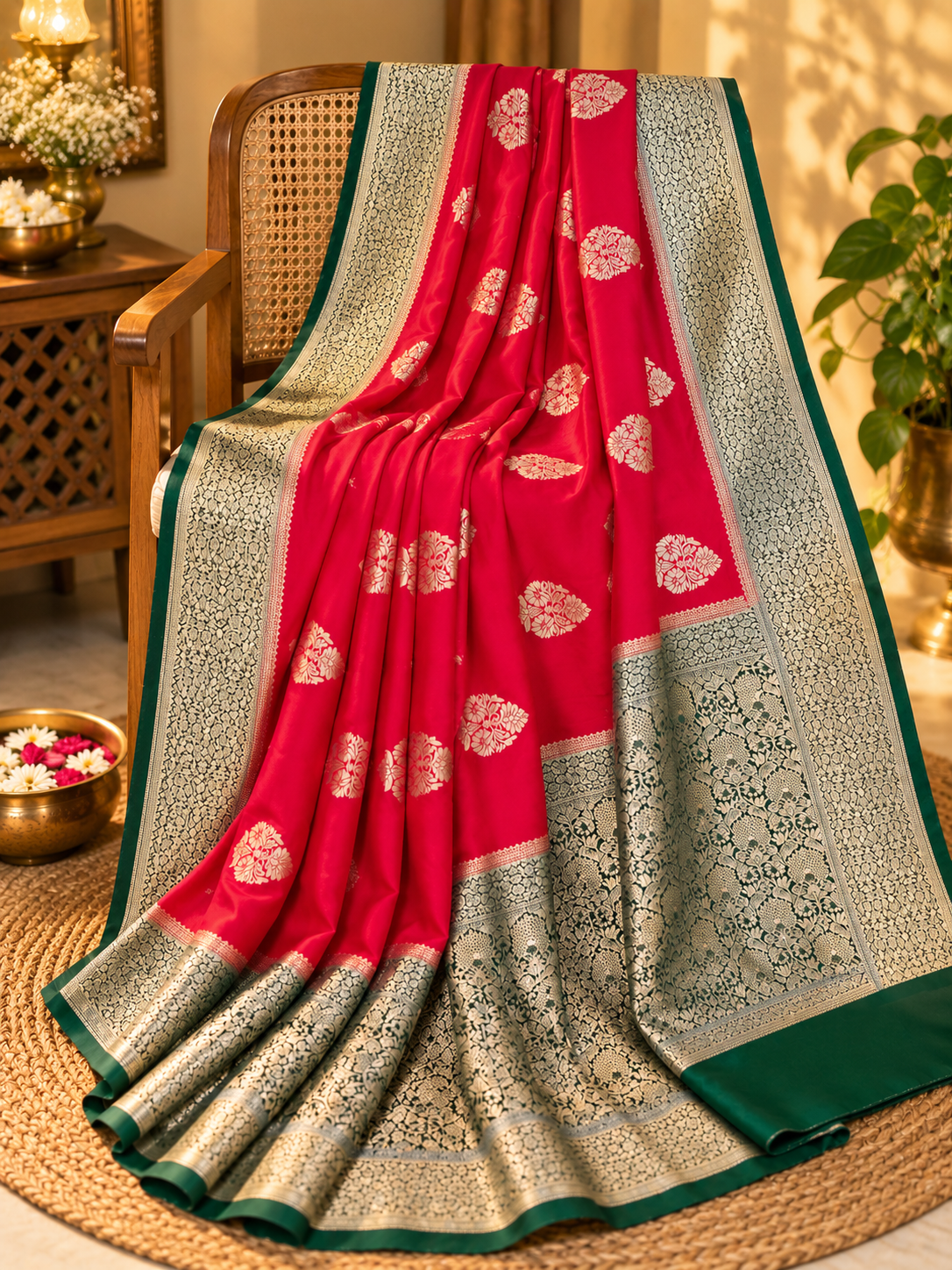 Red & Green Semi Khaddi Banarasi Silk Saree with Gold Floral Buti and Brocade Border