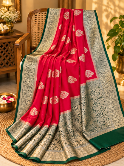 Red & Green Semi Khaddi Banarasi Silk Saree with Gold Floral Buti and Brocade Border
