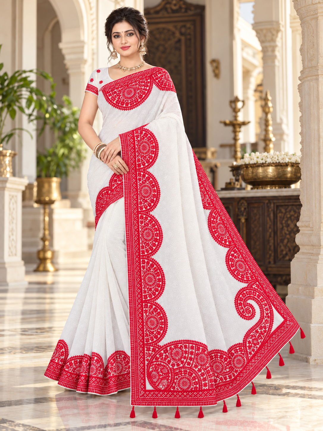 White & Red Soft Georgette Lucknowi Work Saree with Traditional Circular Motifs & Tassel Pallu